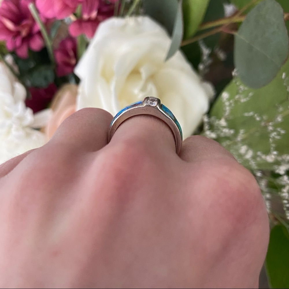 Vintage 925 Sterling Silver Blue Fire Opal Ring - Picture 8 of 12